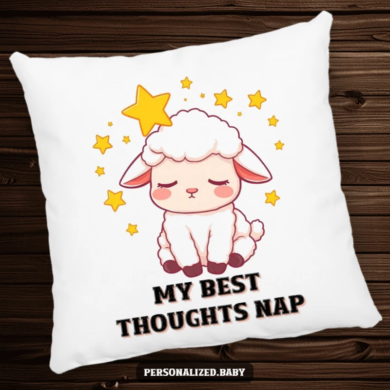 Funny Pillow: Sleepy lamb nestled in stars, offering plush comfort and a serene, dreamlike ambiance for peaceful rest.