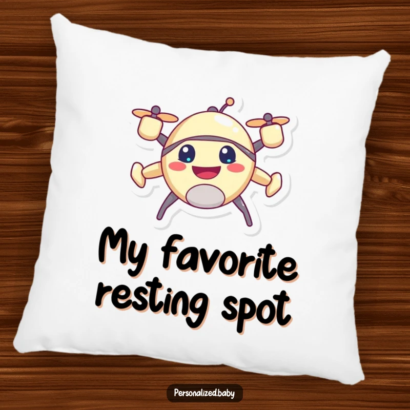 Funny drone pillow, showcasing a happy, buzzing character with a wide, excited grin, for comfort.
