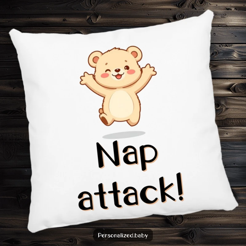 Funny Pillow: A fluffy bear cub jumping with open arms, offering cuddly comfort and adorable, animal-themed humor.
