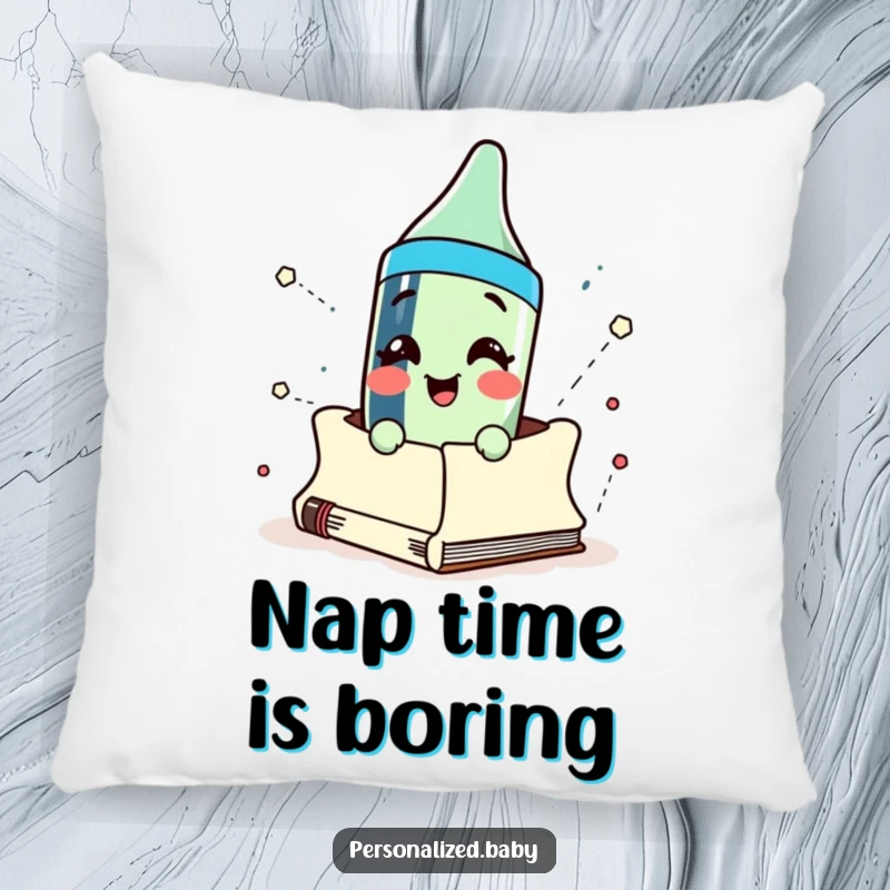 Funny crayon character dramatically emerging from a sketchbook, depicted on a plush pillow for comfort and humorous home decor.