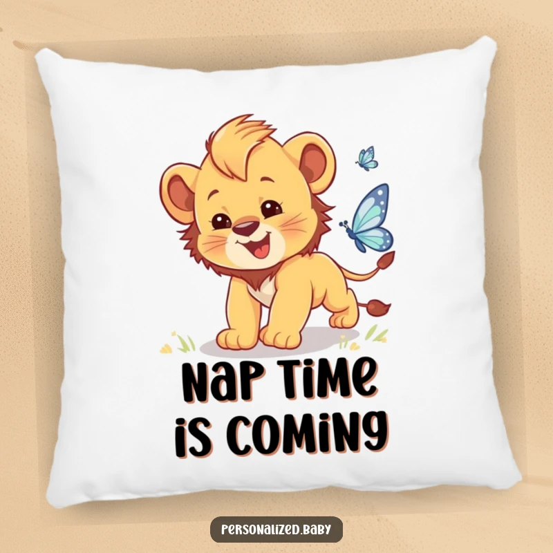 Funny pillow with a clumsy baby lion cub with fluffy mane playfully chasing a glittering butterfly.
