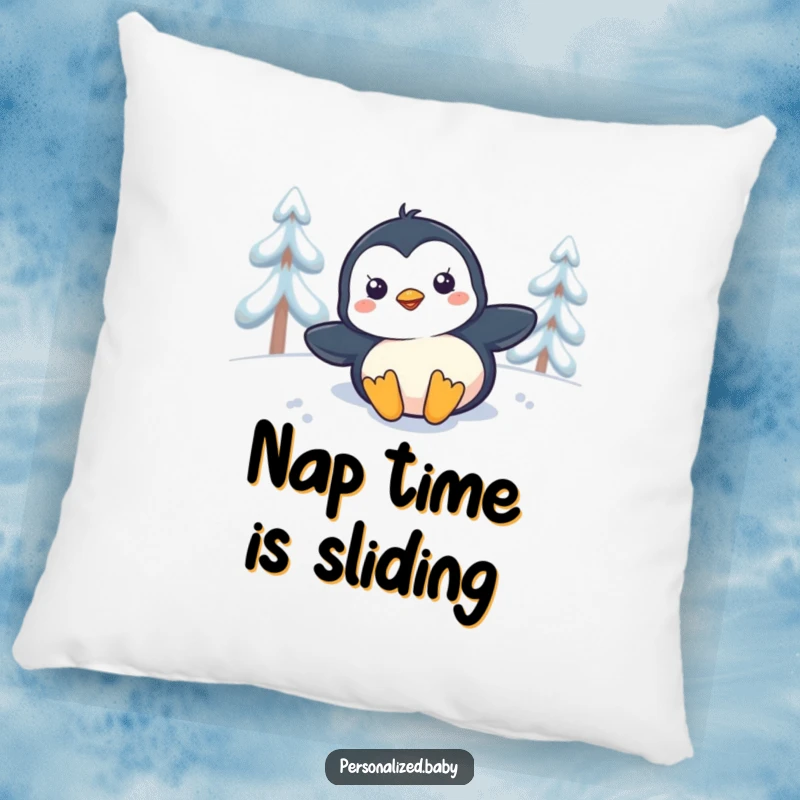 Funny penguin chick sliding down a snowy slope, a cute and humorous pillow for relaxation.
