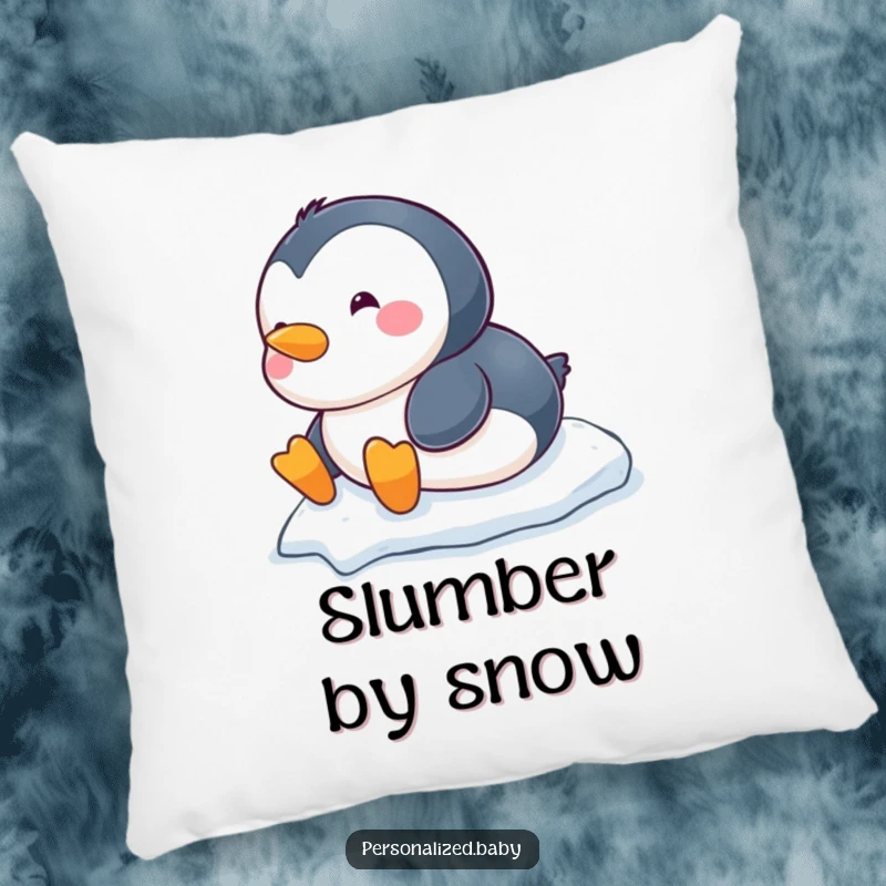 Funny chubby baby penguin pillow, sliding down a snowy hill, soft and humorous decorative cushion.
