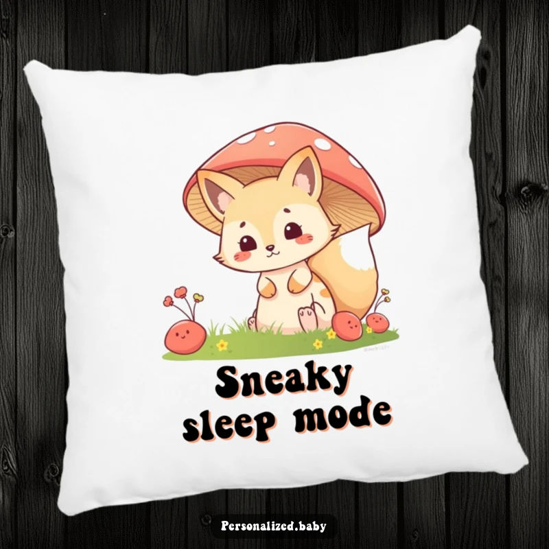 Funny Pillow: Mischievous fox kit peeking from behind a mushroom, offering plush comfort and a touch of playful woodland mystery.