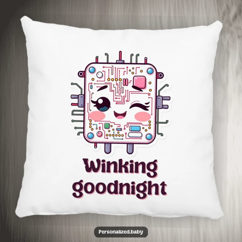Funny Pillow: Cheerful, animated circuit board character winks. A soft, humorous funny gift.