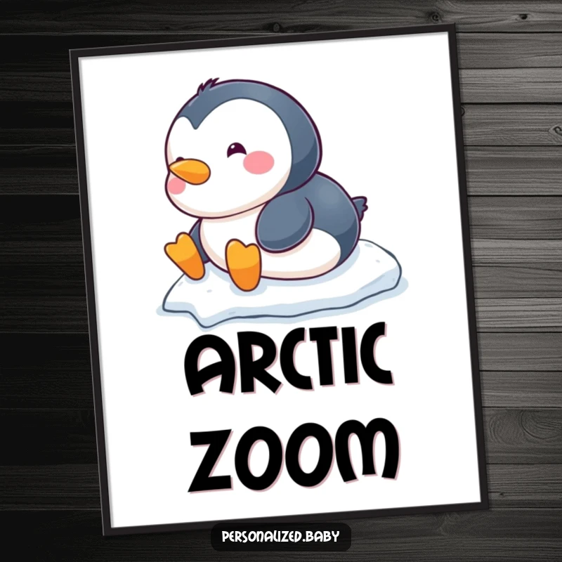 Funny chubby baby penguin digital art print, sliding down a snowy hill, cheerful winter wall decor.