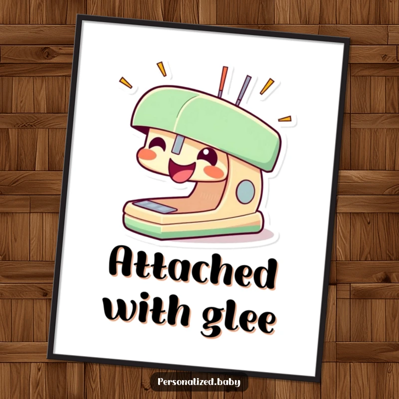 Funny stapler digital art print of a smiling stapler character with staples popping out, conveying energetic excitement.