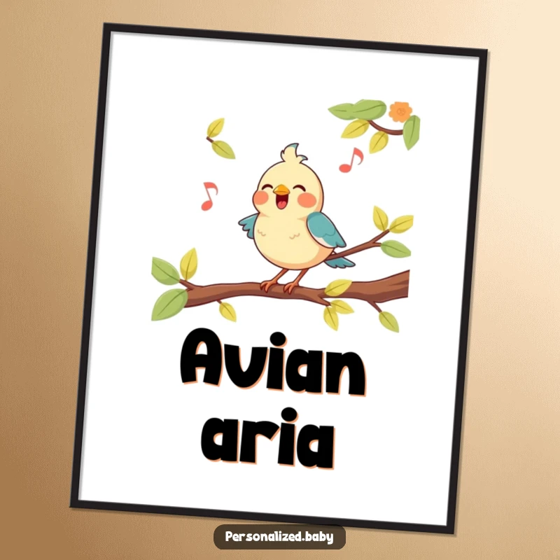 Funny, happy bird character perched on a branch, belting out a tune, perfect for playful digital wall art.
