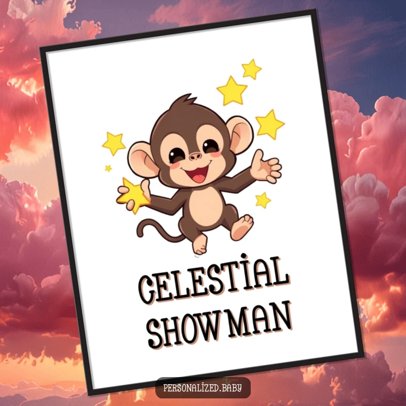 Funny digital art print of a mischievous monkey juggling bright, glowing stars, offering instant humorous and playful decor.