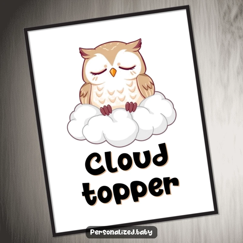 Funny digital art print of a sleepy owl dozing soundly on a fluffy pile of clouds, offering instant humorous and peaceful decor.