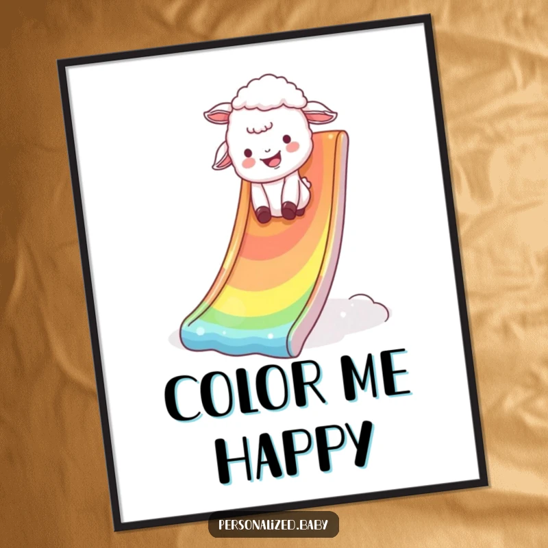 Funny Digital Art Print of a giggling lamb hilariously tumbling down a shimmering rainbow slide, embodying pure, infectious joy.