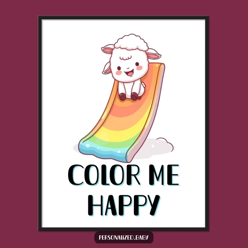 Funny Rainbow Lamb Digital Print: Giggling lamb on slide, humorous artwork gift.