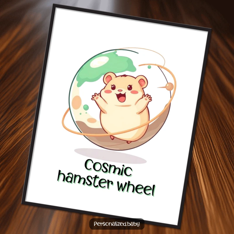 Funny digital art print of a happy hamster joyfully running on a giant, spinning planet, full of energy.