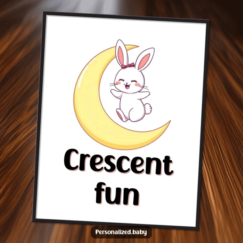Funny digital art print of a giggling bunny joyfully hopping on a large, radiant crescent moon, evoking nighttime magic.