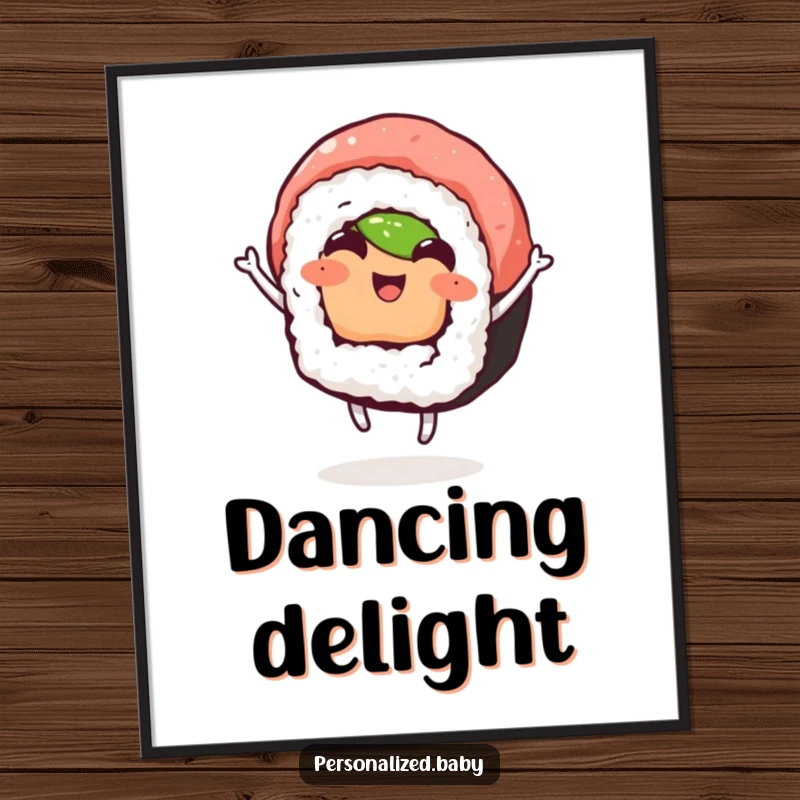 Funny digital art print of a happy, dancing sushi roll, perfect for vibrant and humorous home decor, ideal funny gift.