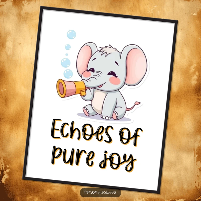 Funny digital art print of a tiny, happy elephant character blowing bubbles from a toy trumpet, ideal for instant home decor.