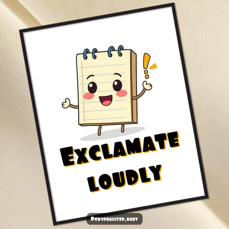 Playful notepad character rolling with a bouncing exclamation mark, offered as a digital art print for instant expressive decor.