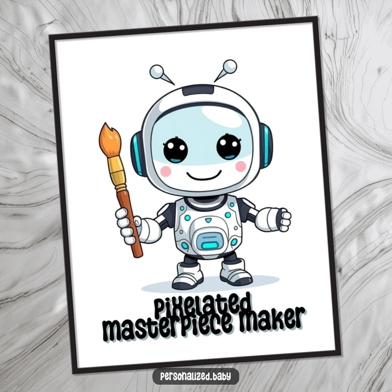 Funny digital art print of a happy, buzzing AI robot character holding a paintbrush, symbolizing artificial intelligence and art.