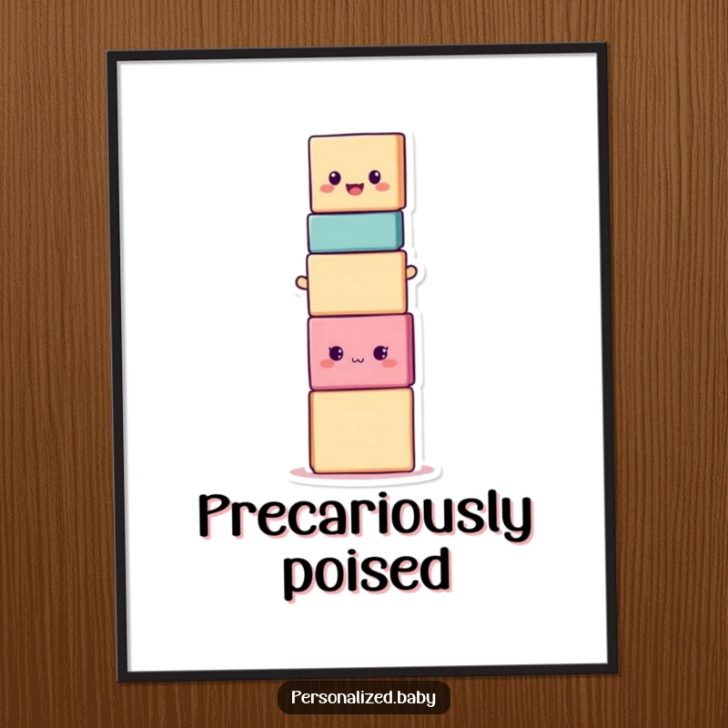 Funny smiling stacking block character in a precarious, wobbly stack, humorous digital art print for joyful, amusing decor.