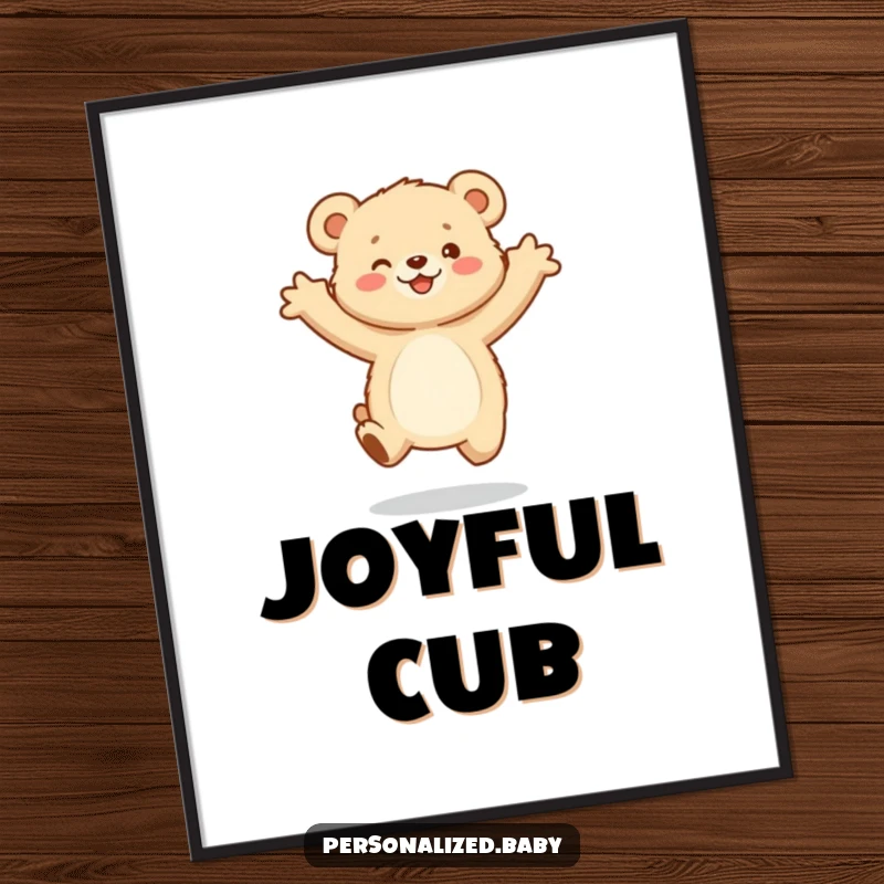 Funny Digital Art: A fluffy bear cub mid-jump with arms outstretched, perfect for instant, adorable, and joyful wall decor.