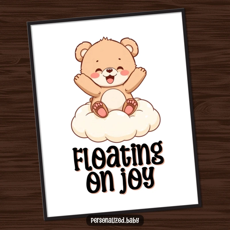 Funny Digital Art Print: Fluffy bear cub bouncing with glee on a cloud cushion, bringing instant joy and whimsical decor.