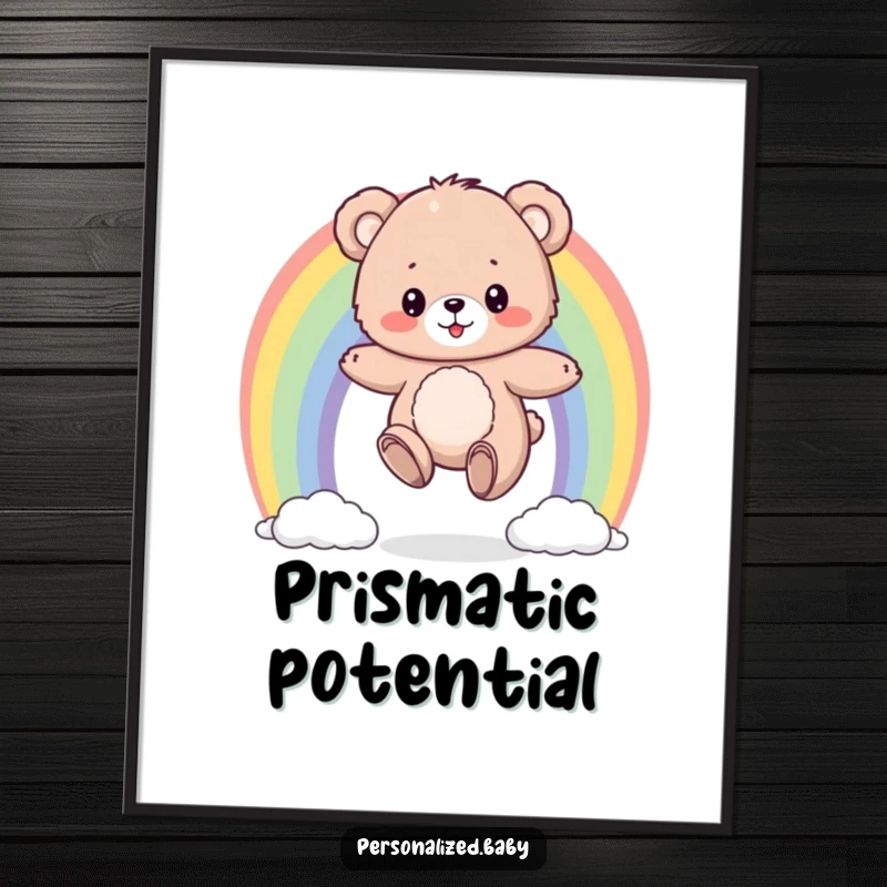 Funny digital art print of a fluffy bear cub bouncing on a colorful rainbow, providing instant humorous and joyful decor.