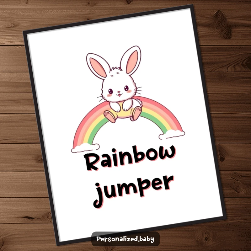 Funny digital art of a fluffy bunny with large ears joyfully leaping over a vibrant, arched rainbow.