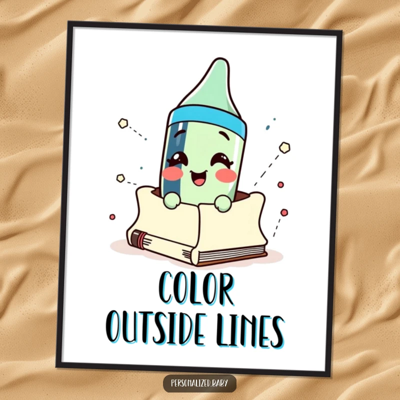 Funny crayon character bursting dynamically from a sketchbook, offered as a digital art print for instant creative decor.