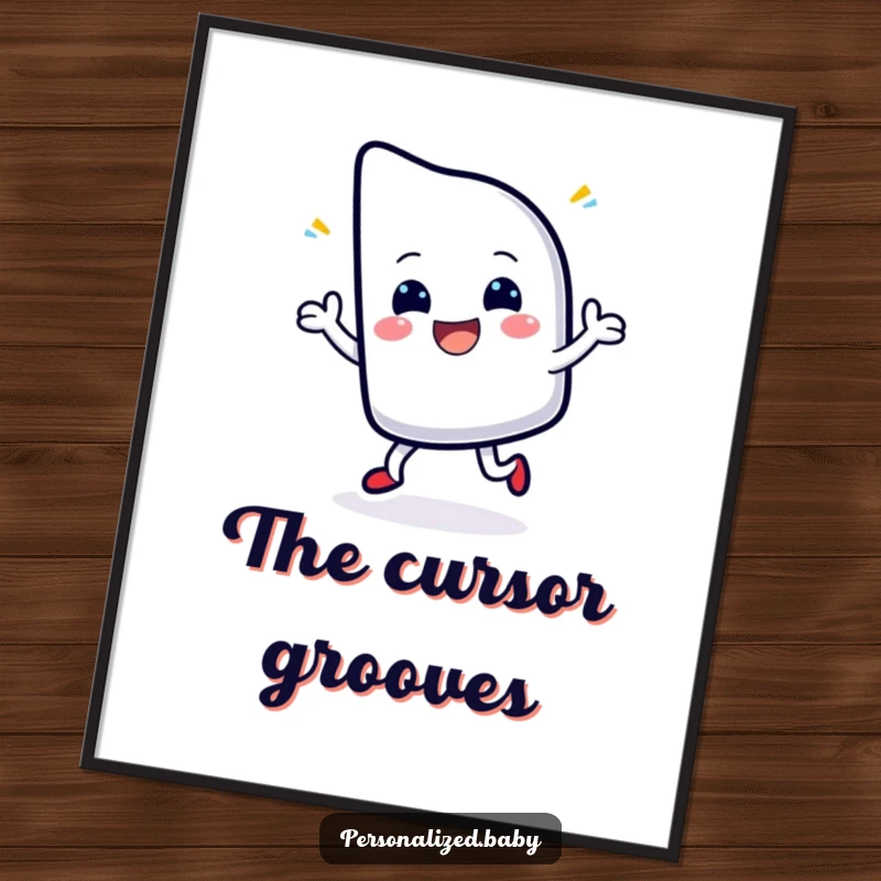 Funny digital art print of a cheerful, blinking cursor character dancing with delight, symbolizing digital creativity and fun.