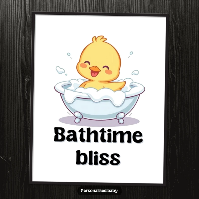 Funny Digital Art Print of a cheerful duckling joyfully splashing in a foam-filled bathtub, a humorous and uplifting wall decoration.