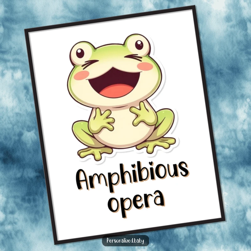 Funny, cheerful frog character singing with eyes closed and mouth wide open, perfect for playful digital wall art.