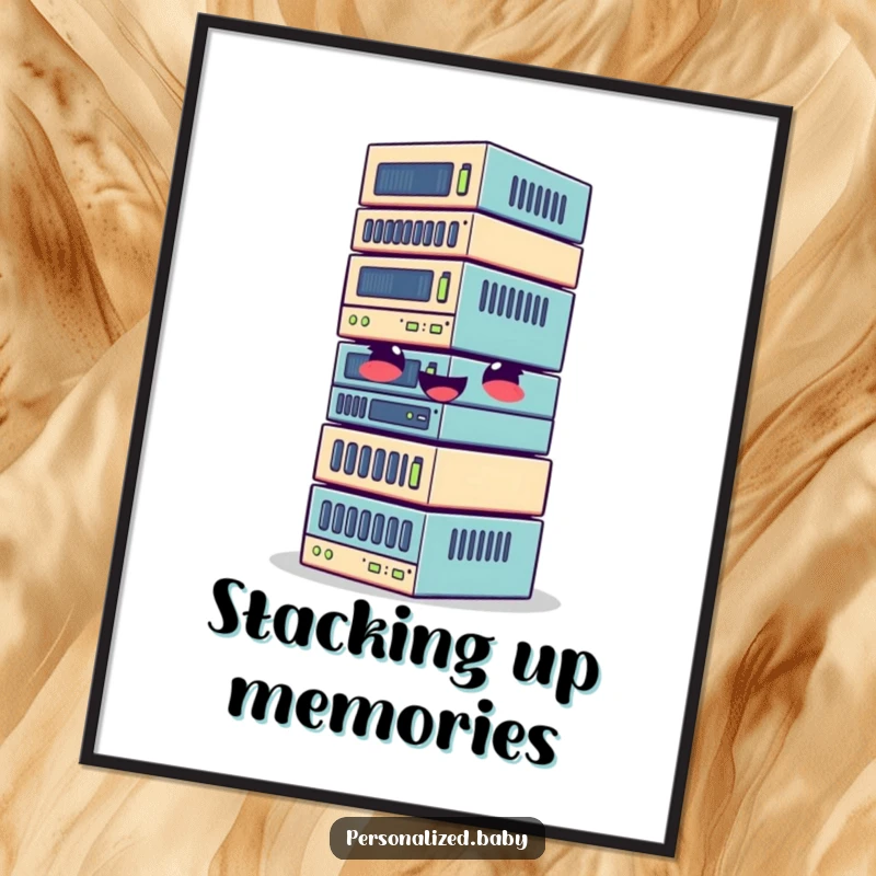 Funny digital art print of a giggling, wobbly stack of data blocks, ideal for virtual backgrounds or screensavers.