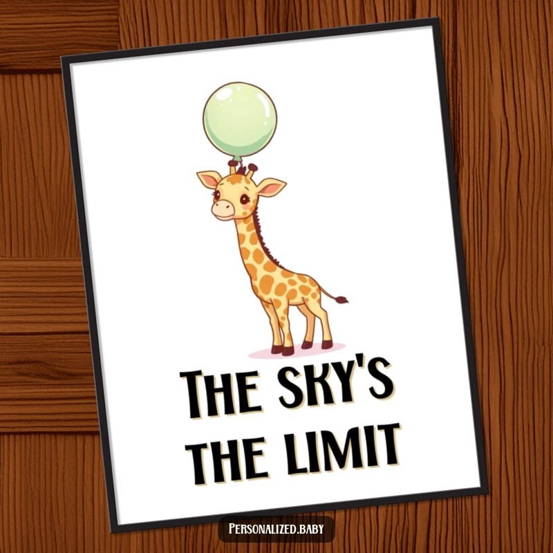 Funny curious giraffe calf reaching for a floating balloon, a whimsical and humorous digital art print.
