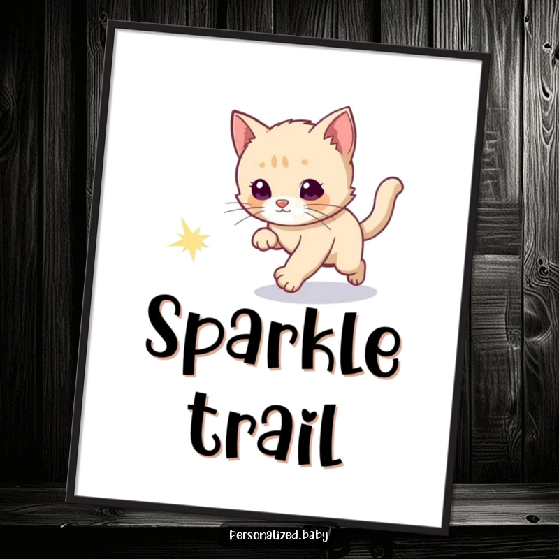 Funny digital art print of a curious kitten playfully chasing a radiant, sparkly comet tail across a starry expanse.