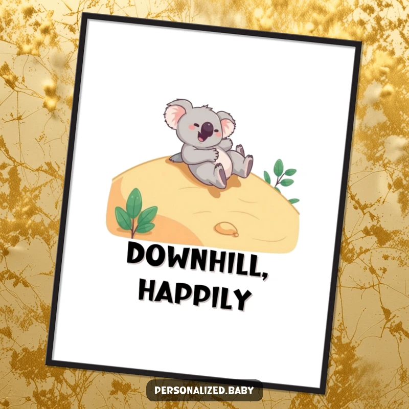 Funny Digital Art Print: Giggling koala bear joyfully tumbling down a smooth hillside, bringing instant fun and playful decor.