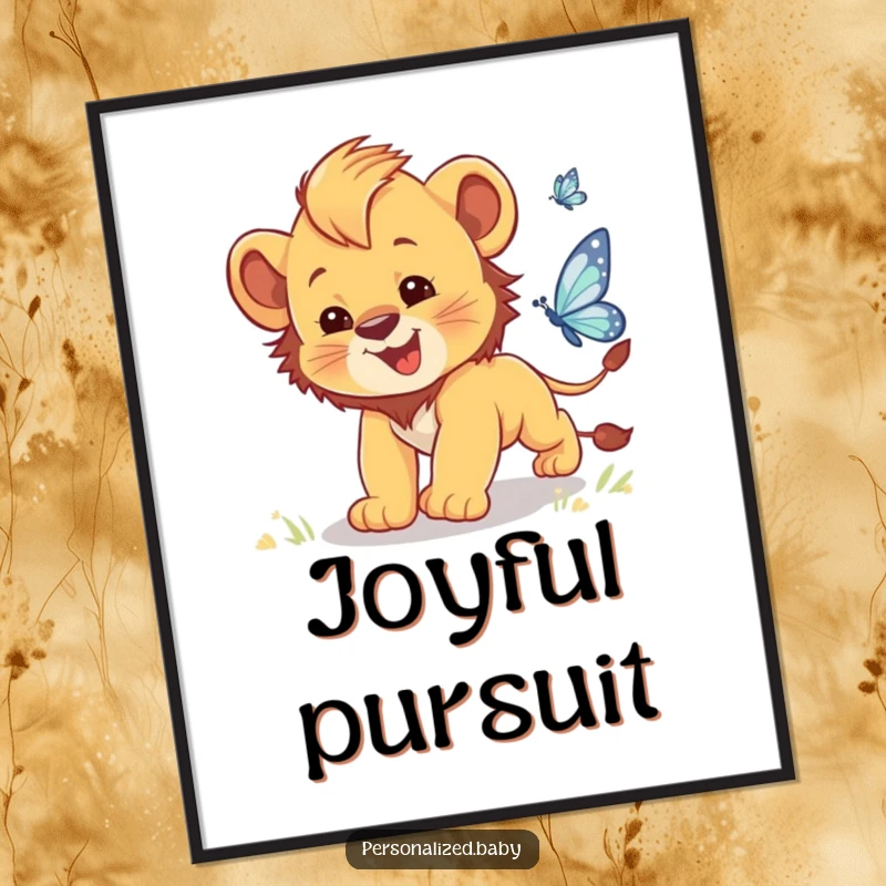 Funny digital art of a clumsy baby lion cub with big paws gleefully chasing a sparkling butterfly.