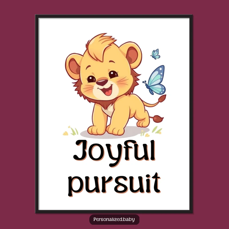 Funny Lion Cub Butterfly Chase Digital Art: Clumsy Cub Print for Playful Walls