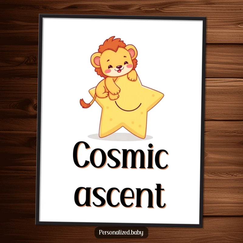 Funny digital art print of a brave lion cub climbing a smiling star, symbolizing bravery and achievement. Instant download.