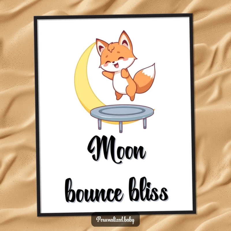 Funny digital art print of a fox cub bouncing on a crescent moon, symbolizing playful dreams for wall decor.