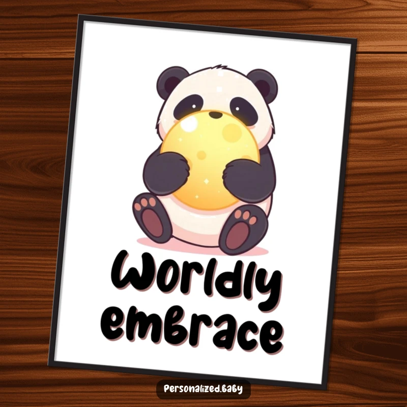 Funny digital art print of a sweet panda bear hugging a glowing planet, symbolizing love for Earth and gentle care. Instant download.