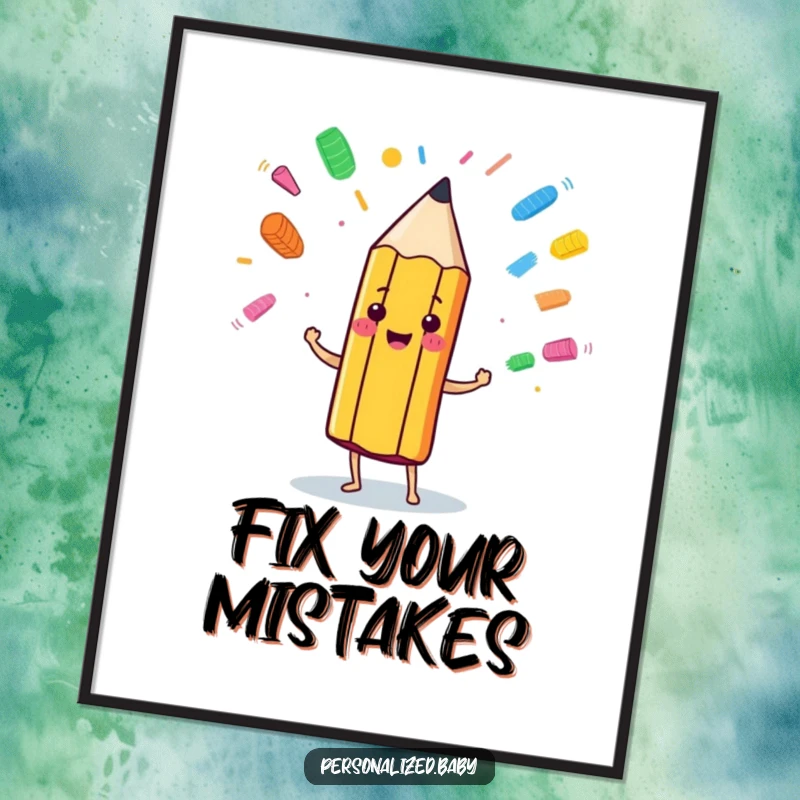 Funny anthropomorphic pencil character juggling colorful eraser marks, offered as a digital art print for instant artistic decor.