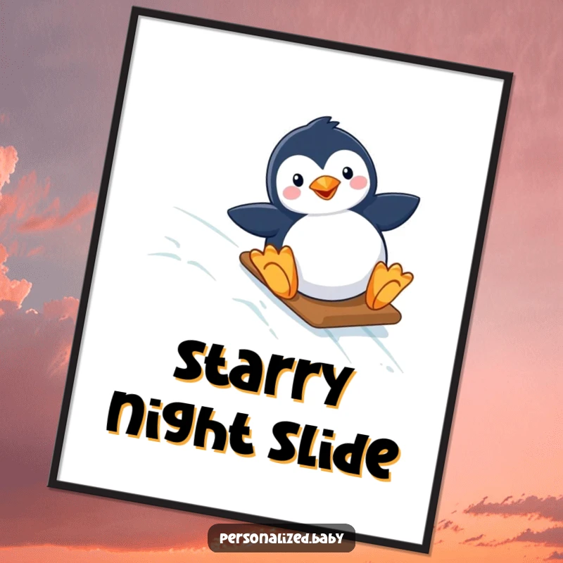 Funny digital art print of a happy penguin sliding down a starry, icy slope, capturing playful winter moments. Instant download art.