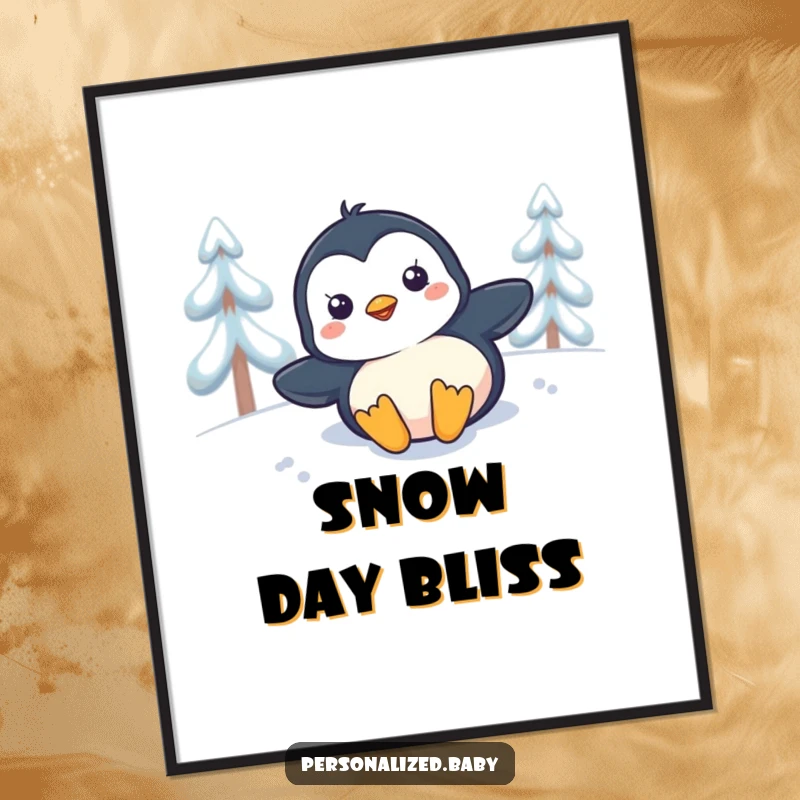 Funny playful penguin chick sliding down a snowy slope, a cheerful and humorous digital art print.