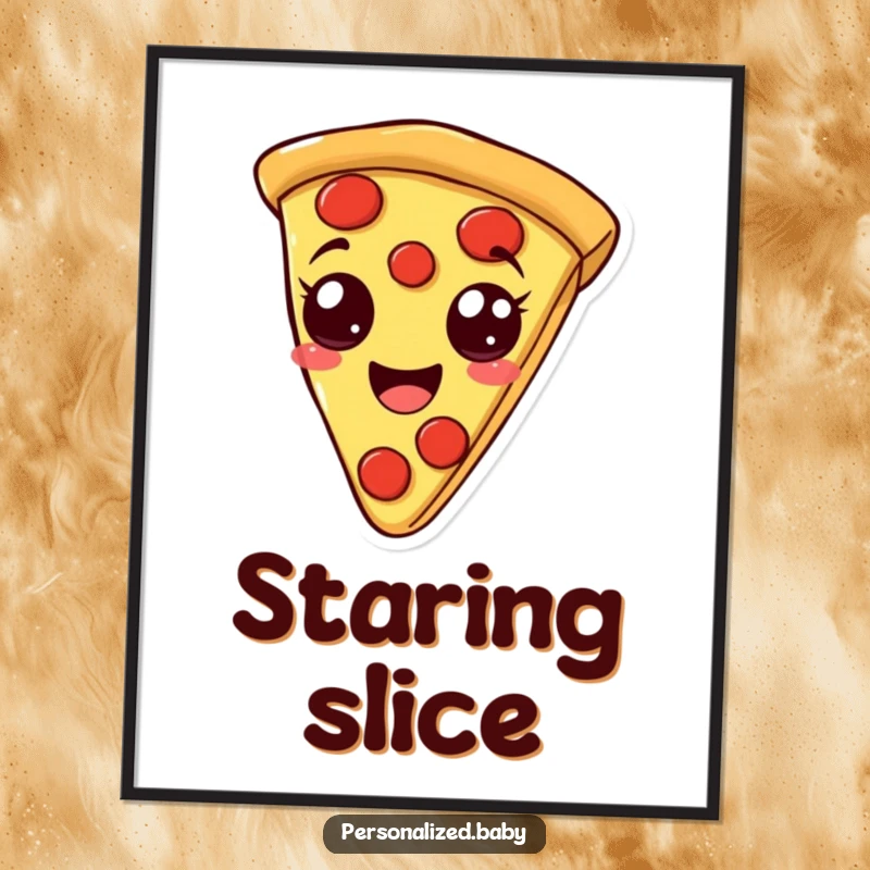 Funny digital art print of a smiling, bouncy pizza slice with pepperoni eyes, perfect for delicious and humorous home decor, ideal funny gift.