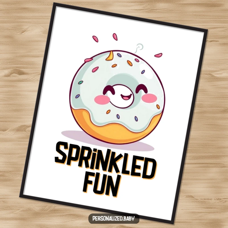 Funny digital art print of a giggling, rolling donut with sprinkles, perfect for sweet and humorous home decor, ideal funny gift.