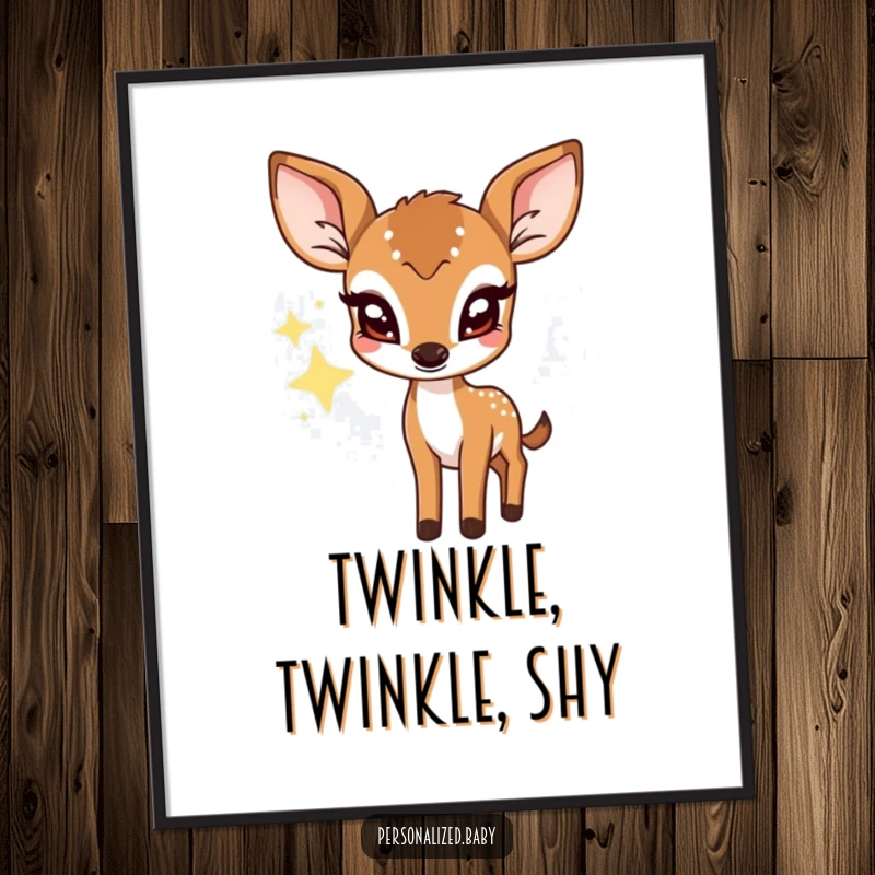 Funny digital art print of a shy deer fawn peaking from behind a twinkling star, whimsical and enchanting wall decor.
