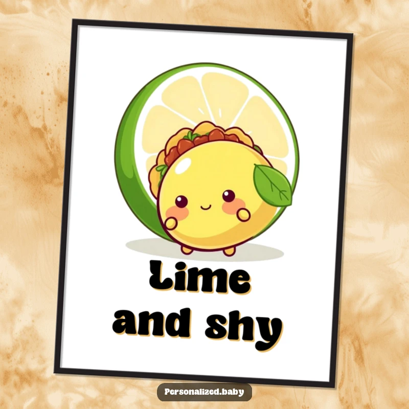 Funny digital art print of a shy, blushing taco character hiding behind a lime, perfect for cute and humorous home decor, ideal funny gift.