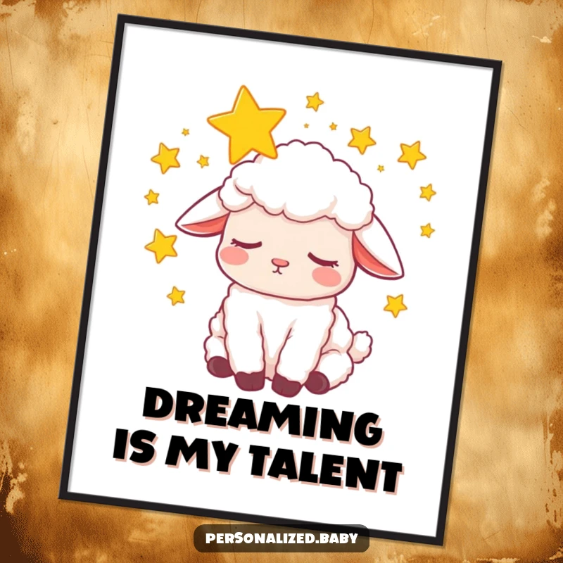 Funny Digital Art Print: Sleepy lamb peacefully dreaming with swirling stars, creating a serene and whimsical wall decor.