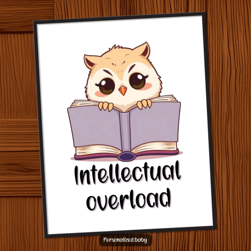 Funny sleepy owl chick digital art print, cute bird peeking from a book, printable wall decor with humorous appeal.