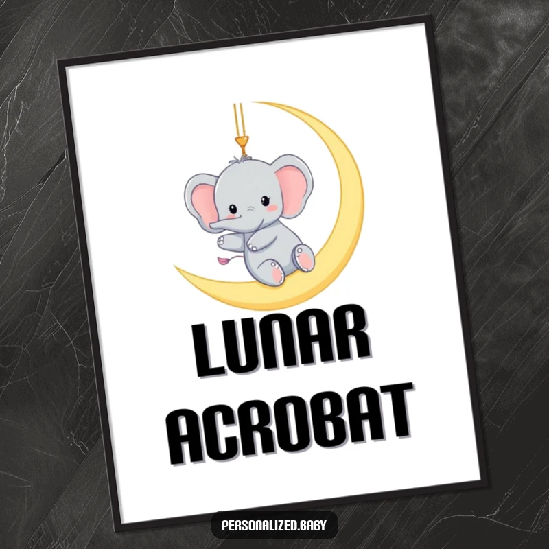 Funny digital art print of a tiny elephant gleefully swinging from a crescent moon, offering instant humorous and magical decor.